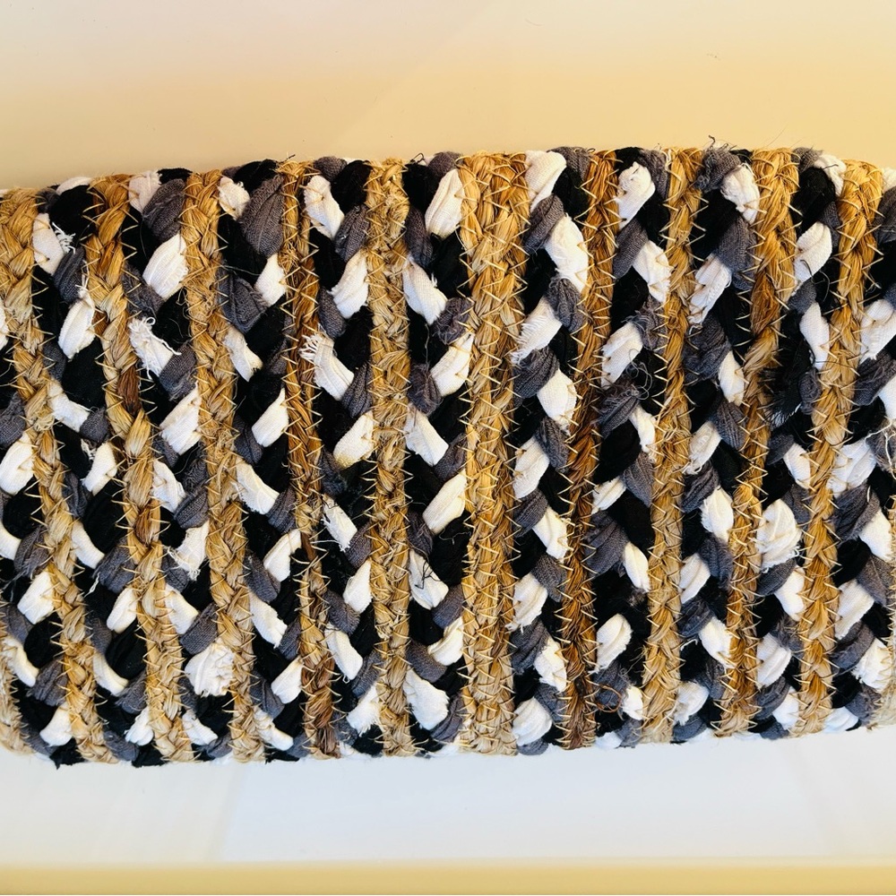 ICHI Woven Straw & Fabric Clutch – Black, White & Natural – 8x11” - Picture 2 of 5